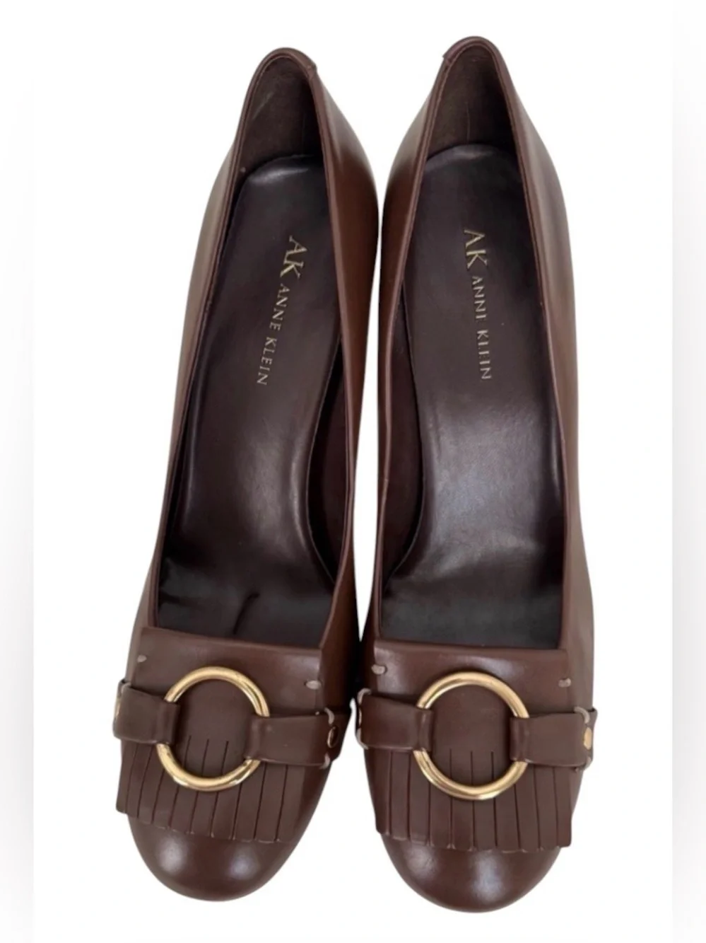 ANNE KLEIN BROWN LEATHER LOAFER PUMPS GOLD BUCKLE FRINGE HEELS SIZE 8.5 NWT